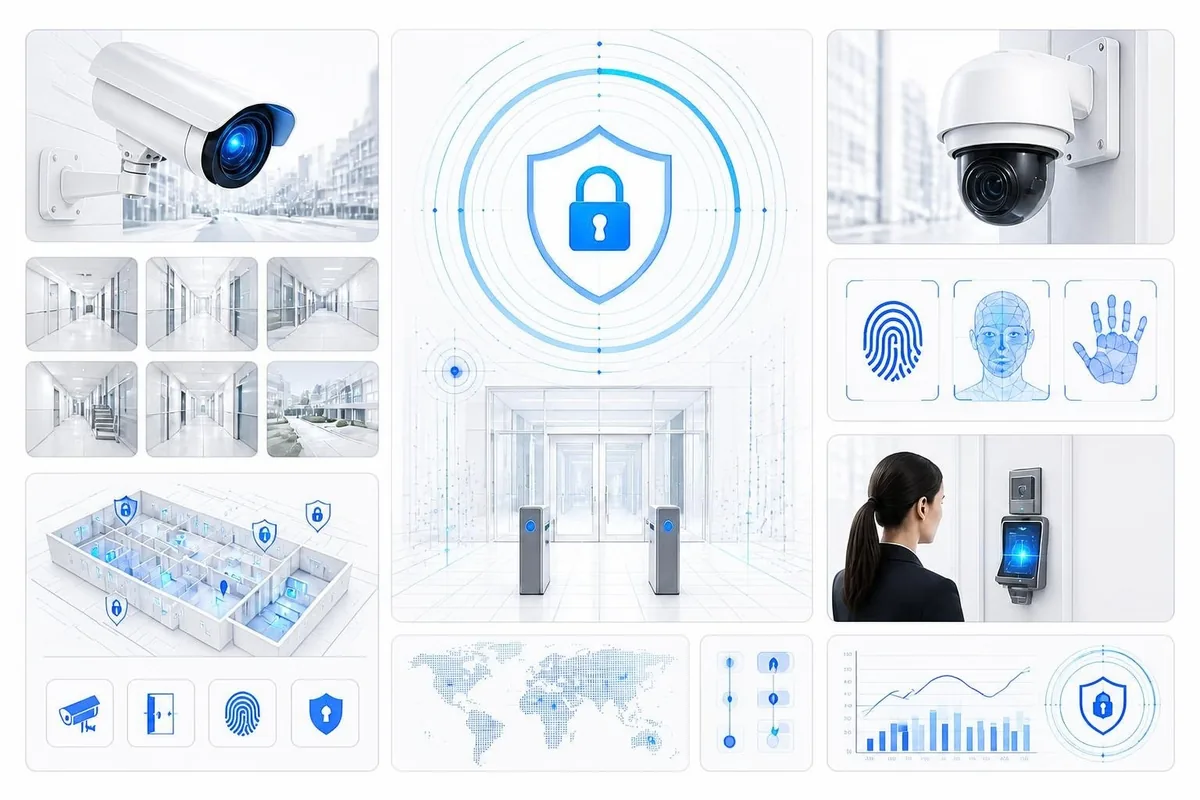 Security cameras, biometric access control and monitoring dashboards
